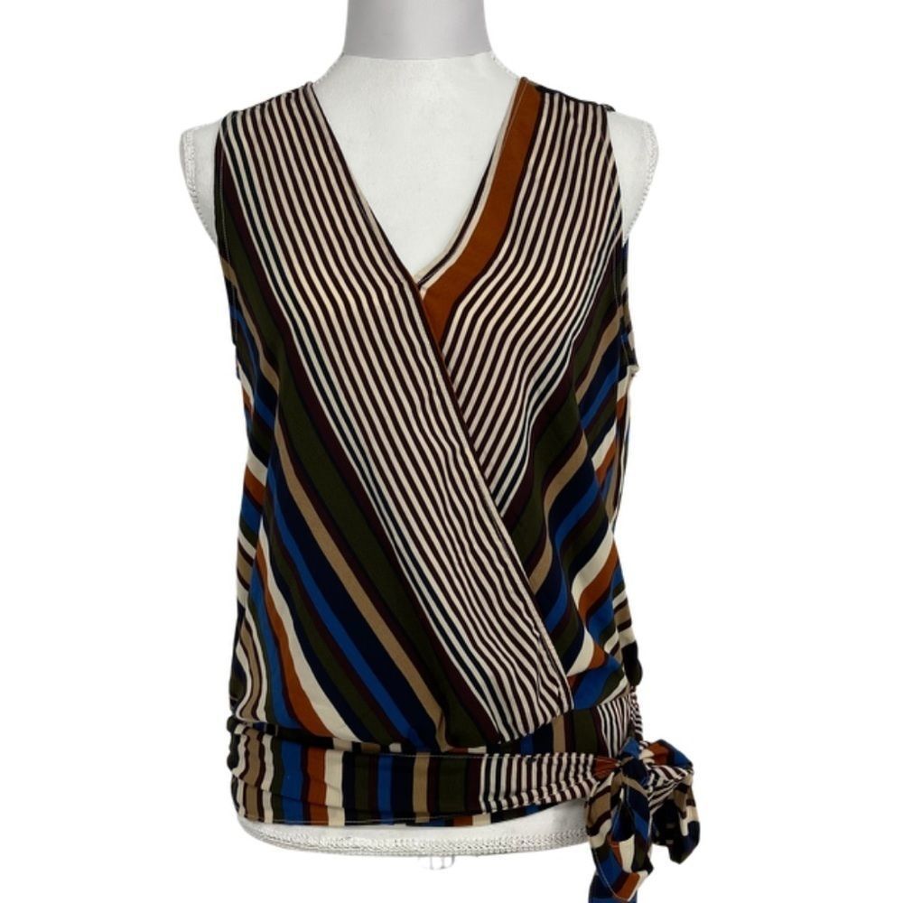 Sandy & Sid stripe sleeveless tie waist blouse